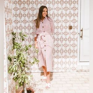 Zara Red and White Striped Button-Down Shirt Dress